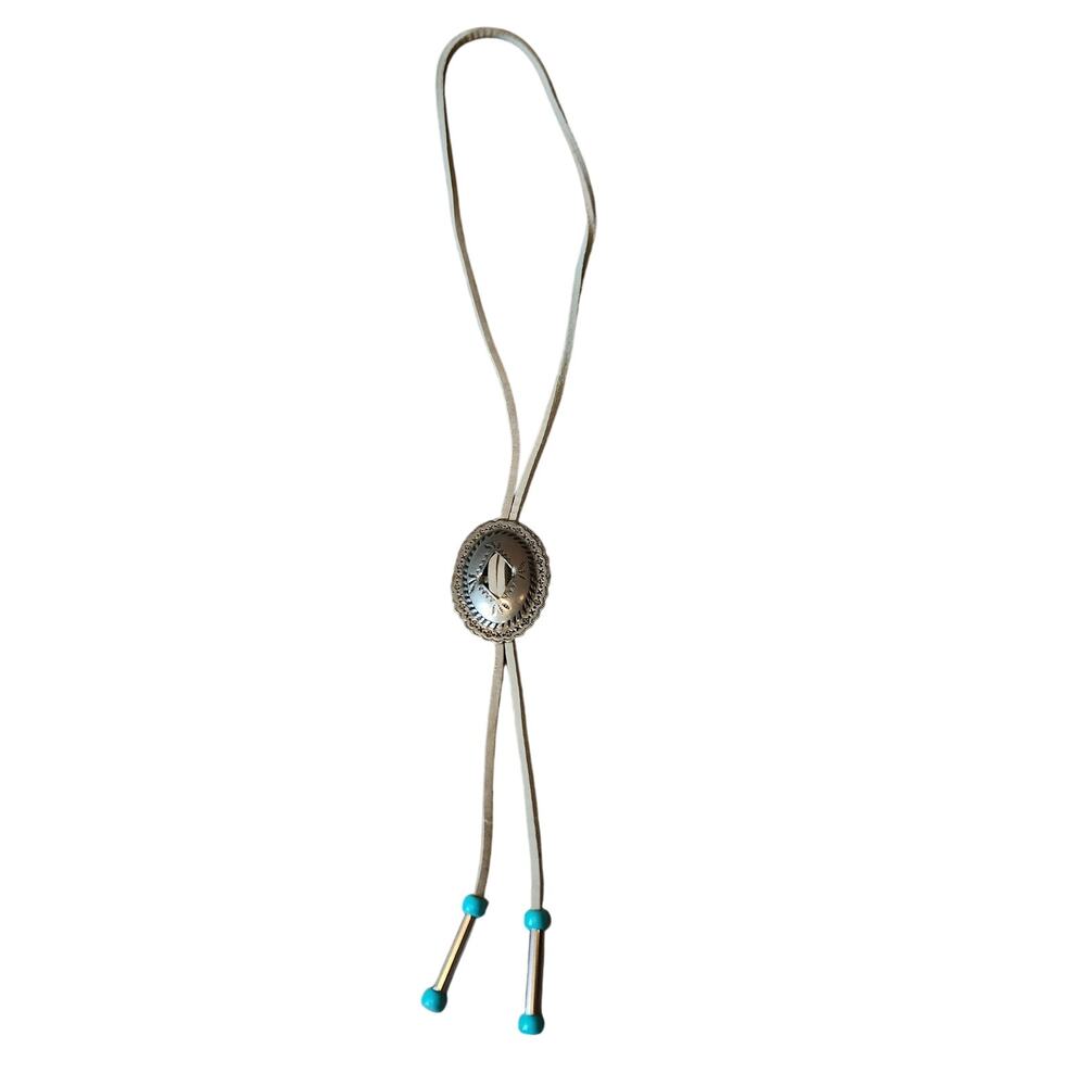 Custom Handmade‎ leather  Bolo Tie Silver Metal Pendant and blue beads